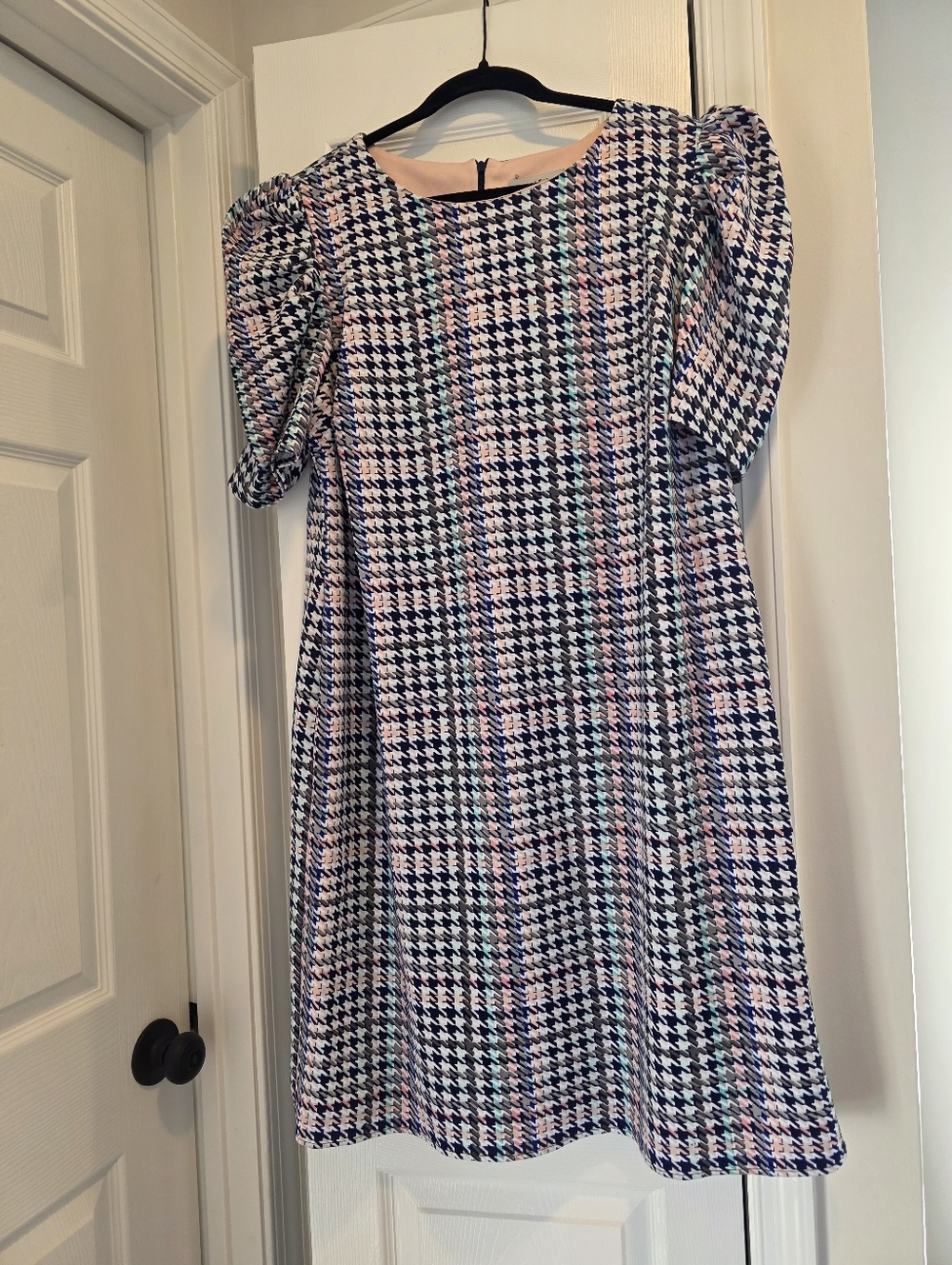Shelby & Palmer Navy, Pink and Light Blue Houndstooth Midi Dress